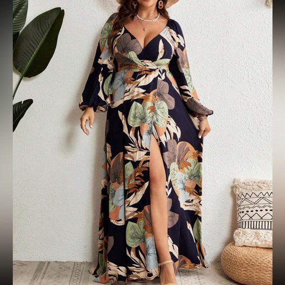 Plus Size Plunge V Neck Floral Tropical Print High Slit Long Sleeve Maxi Dress - Picture 8 of 12